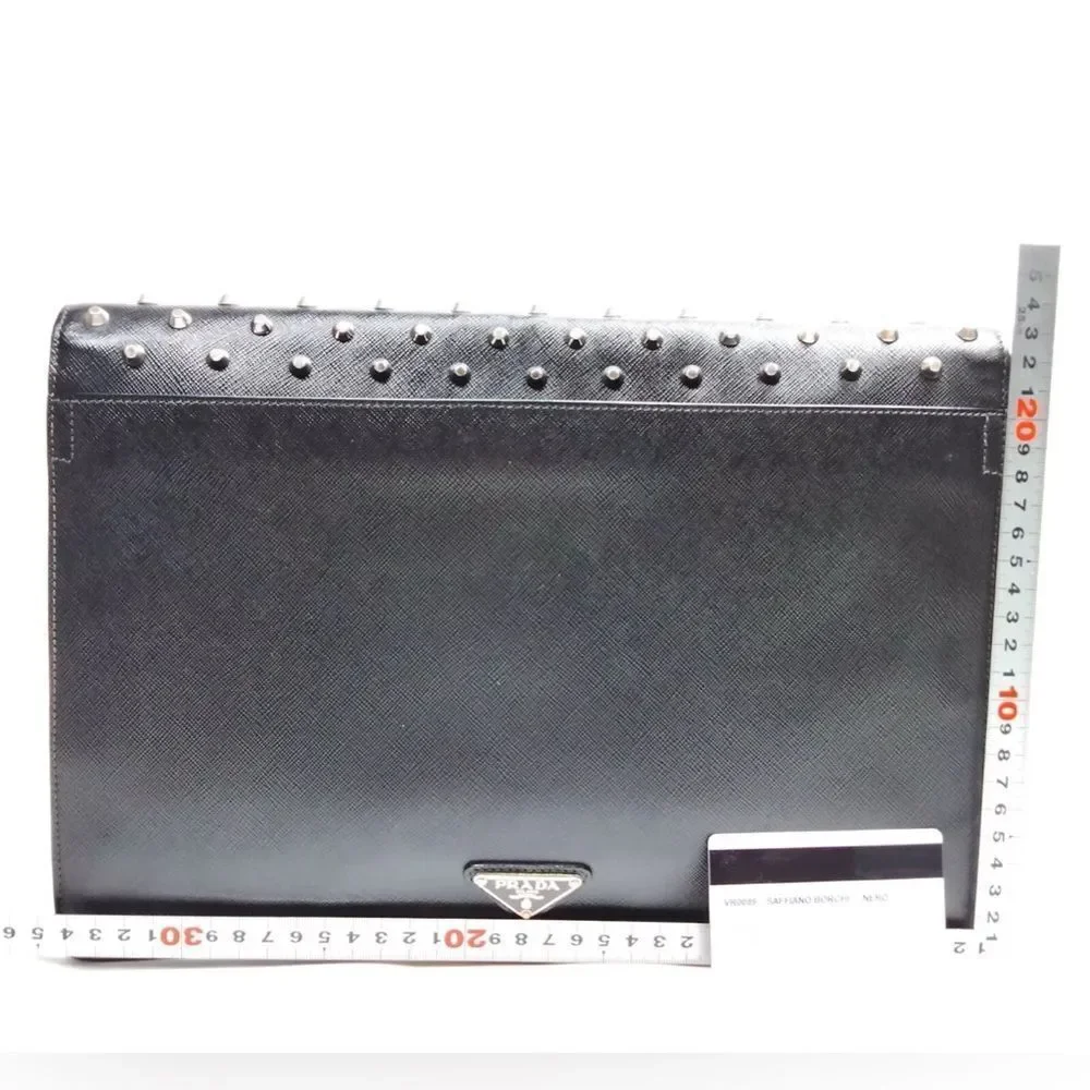 Auth Prada Black Leather Studded Clutch